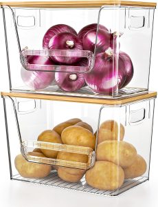 Delamu 2 Set Pantry organizers and Storage,Trash Bag Dispenser with Bamboo Top,Stackable trash bag holder under sink Organizer for 4-30 GalBags,Onion,Potato,Fruits,Clear(11-7/32"L*7" W*7-1/8"H)