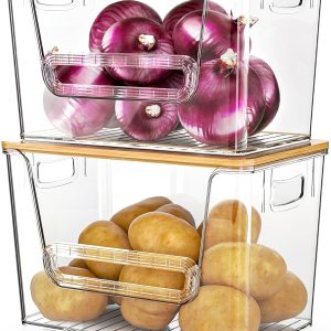 Delamu 2 Set Pantry organizers and Storage,Trash Bag Dispenser with Bamboo Top,Stackable trash bag holder under sink Organizer for 4-30 GalBags,Onion,Potato,Fruits,Clear(11-7/32"L*7" W*7-1/8"H)